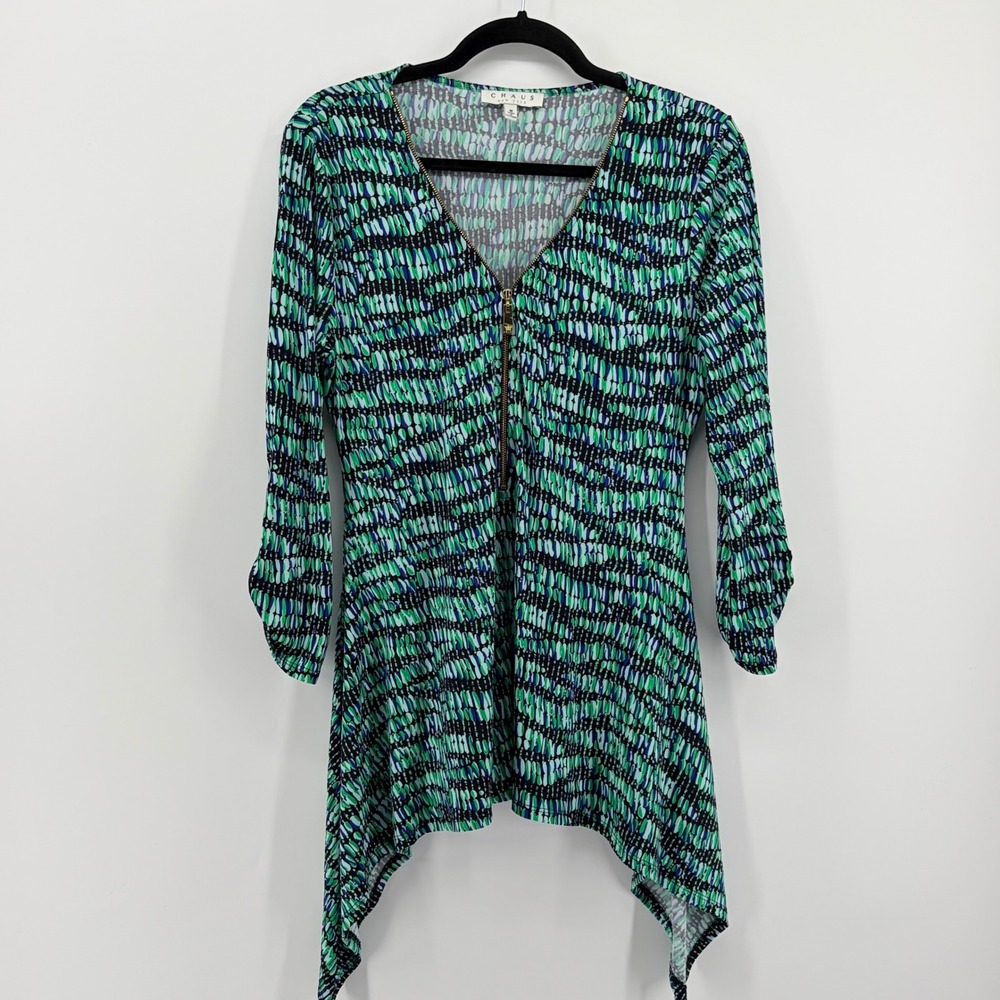 Chaus New York Womens Abstract Print Zip Front Tunic Top Green Blue Black M - Picture 1 of 7